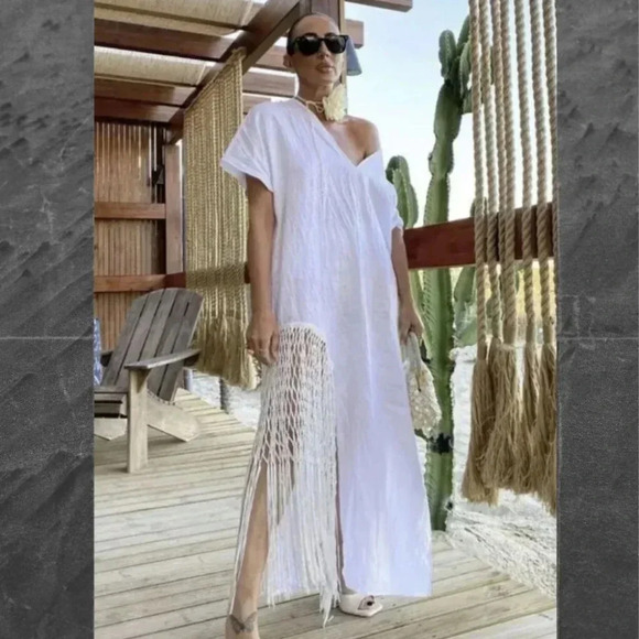 Zara Womens Bloggers Fave Linen Macrame Fringed Midi Dress White Size Medium - Picture 13 of 16